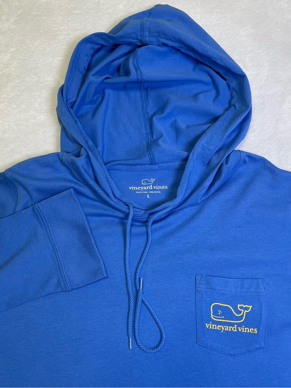 Vineyard Vines Mens Large Blue Yellow Whale Hooded Pocket Long Sleeve Tee